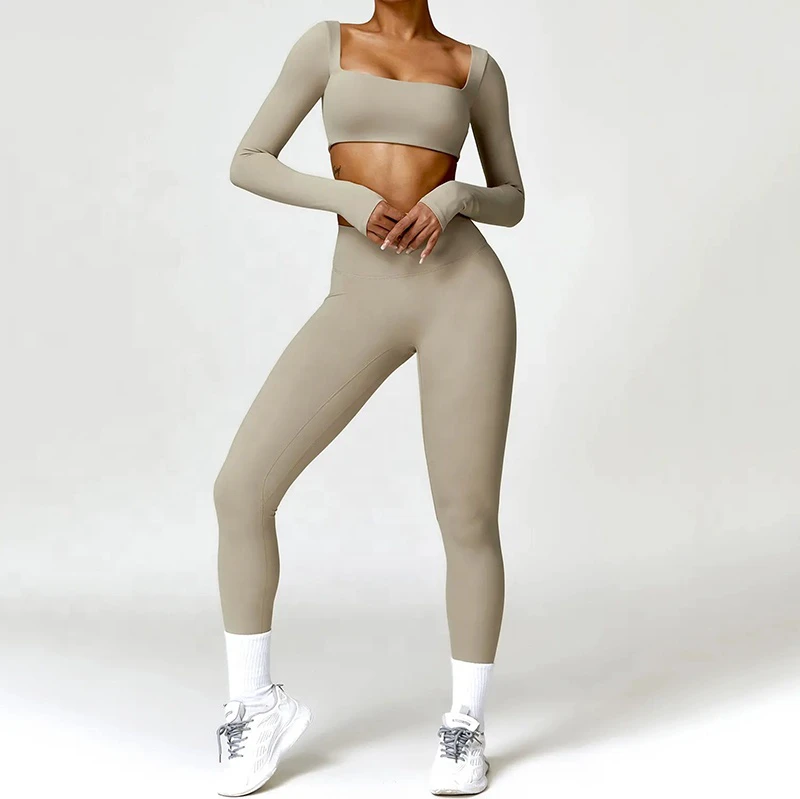 Manufacturer Gym Quick Dry Leggings and Crop Long Sleeve Top With Padding Set Custom Logo Fitness Stretchy Women Yoga Tracksuit