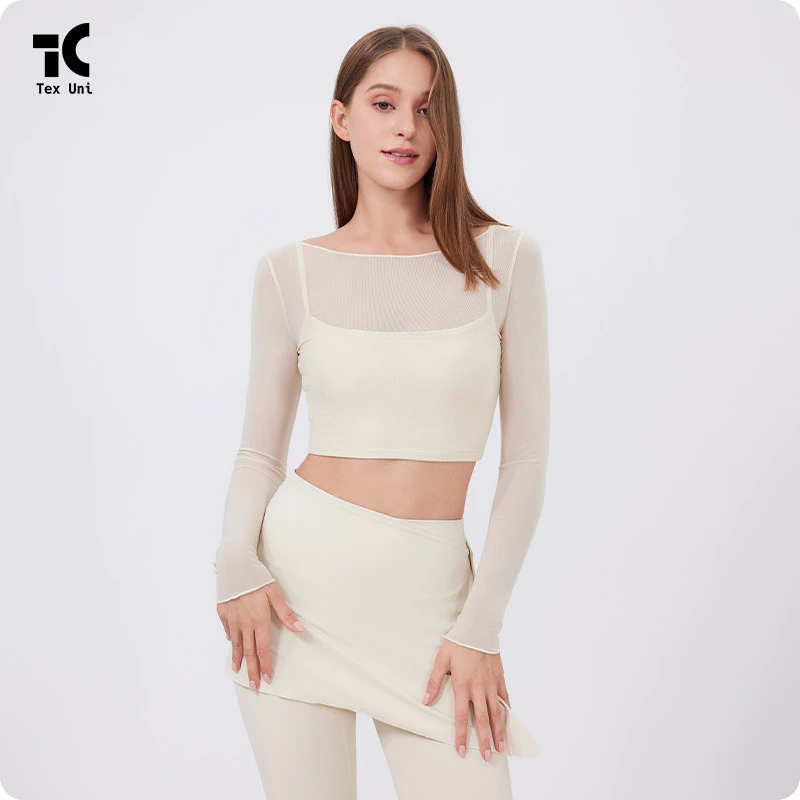 Layered Look Two Piece Mesh Breathable Quick Dry Slim Fitting Crop Sports Fitness Long Sleeve Front Logo Yoga Top