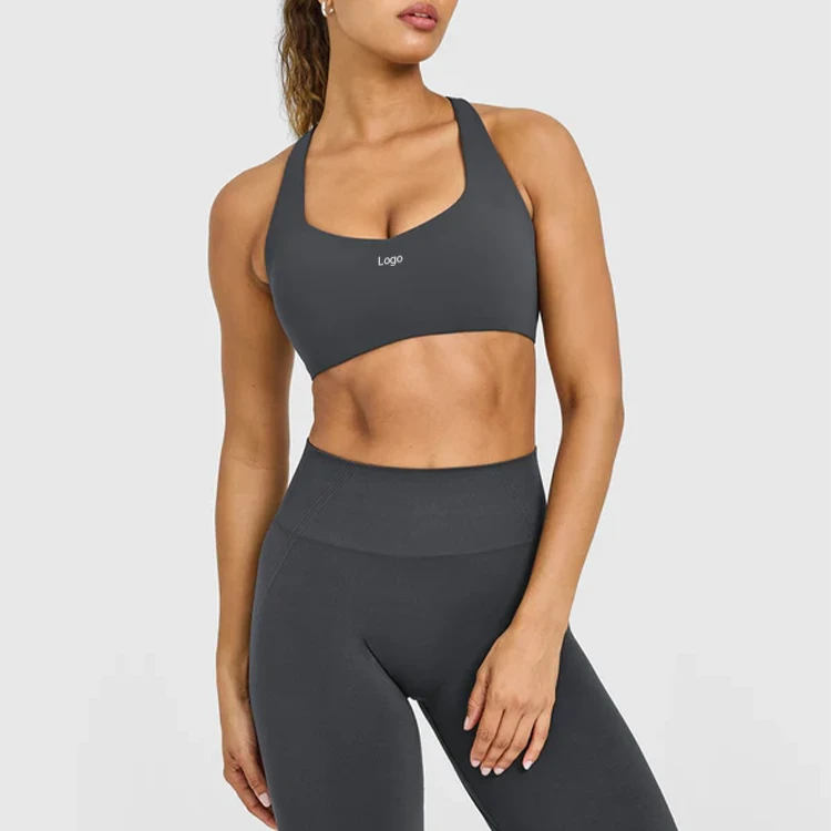 OEM Custom High Elastic Support Shaping Gather U Neck Cross Adjustable Strap Open Back Detachable Chest Pad Women Sports Bra