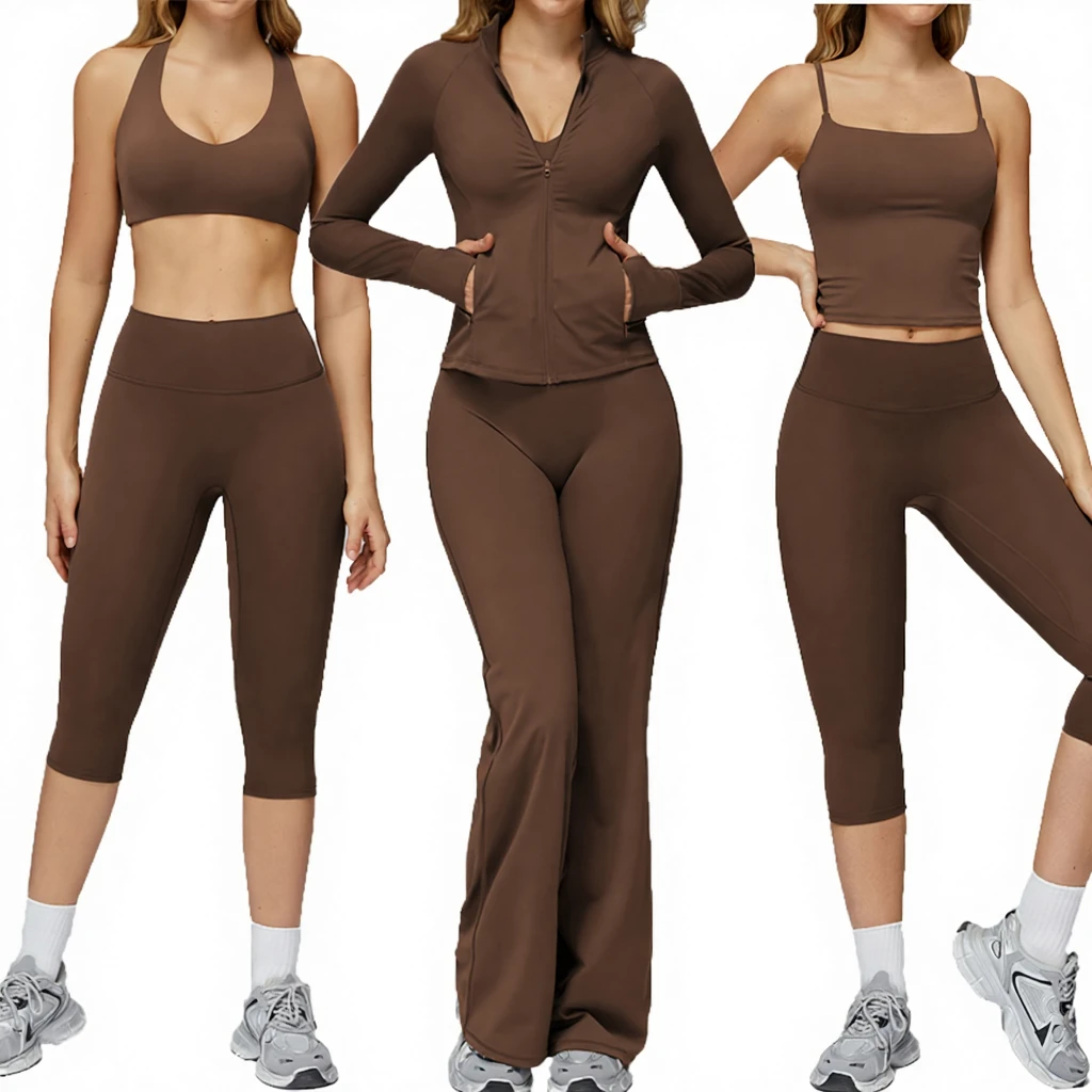 Womens 5 Piece Yoga Set Plus Size Solid Workout Set Breathable Quick Dry Leggings Shorts Sports Bra Activewear with Custom Logo