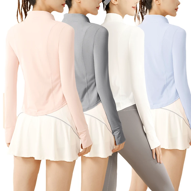 Women's Top-Selling Nylon Seamless Fitness Gym Yoga Set Stand Collar Front Zip Long Sleeve Thin Slim Thumb Hole Wicking Jacket