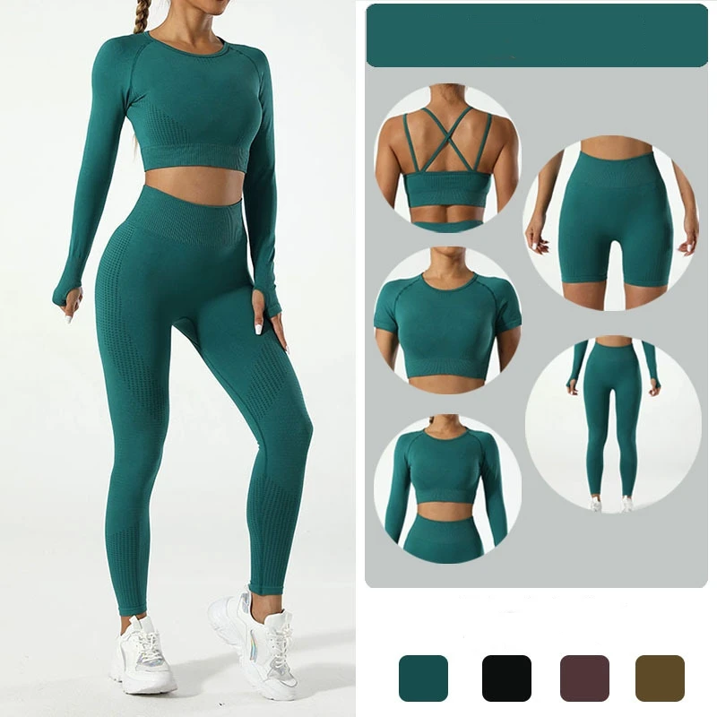 New Women 5 Piece Seamless Active Wear Stretch Sports Bra Leggings Shorts Yoga Sets Breathable Gym Fitness Wear Sports Clothing