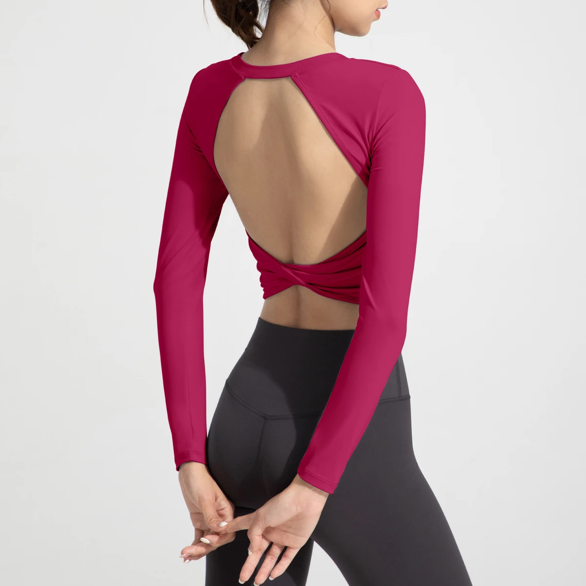 High Cut Design Tight Slimming Women's Back-beautifying Backless Cross-twist Yoga Wear Short-style Long-sleeve Yoga Top
