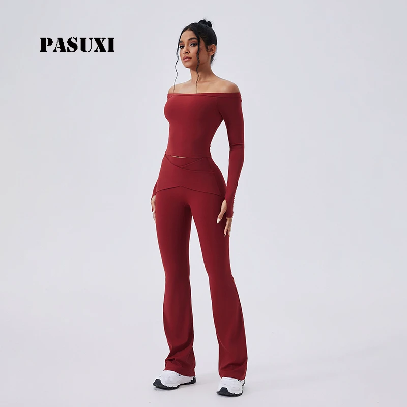 PASUXI Custom Shoulder Yoga Set Women Long Sleeve Breathable Solid Gym Suit Ribbed High Waist Workout Leggings Two Piece