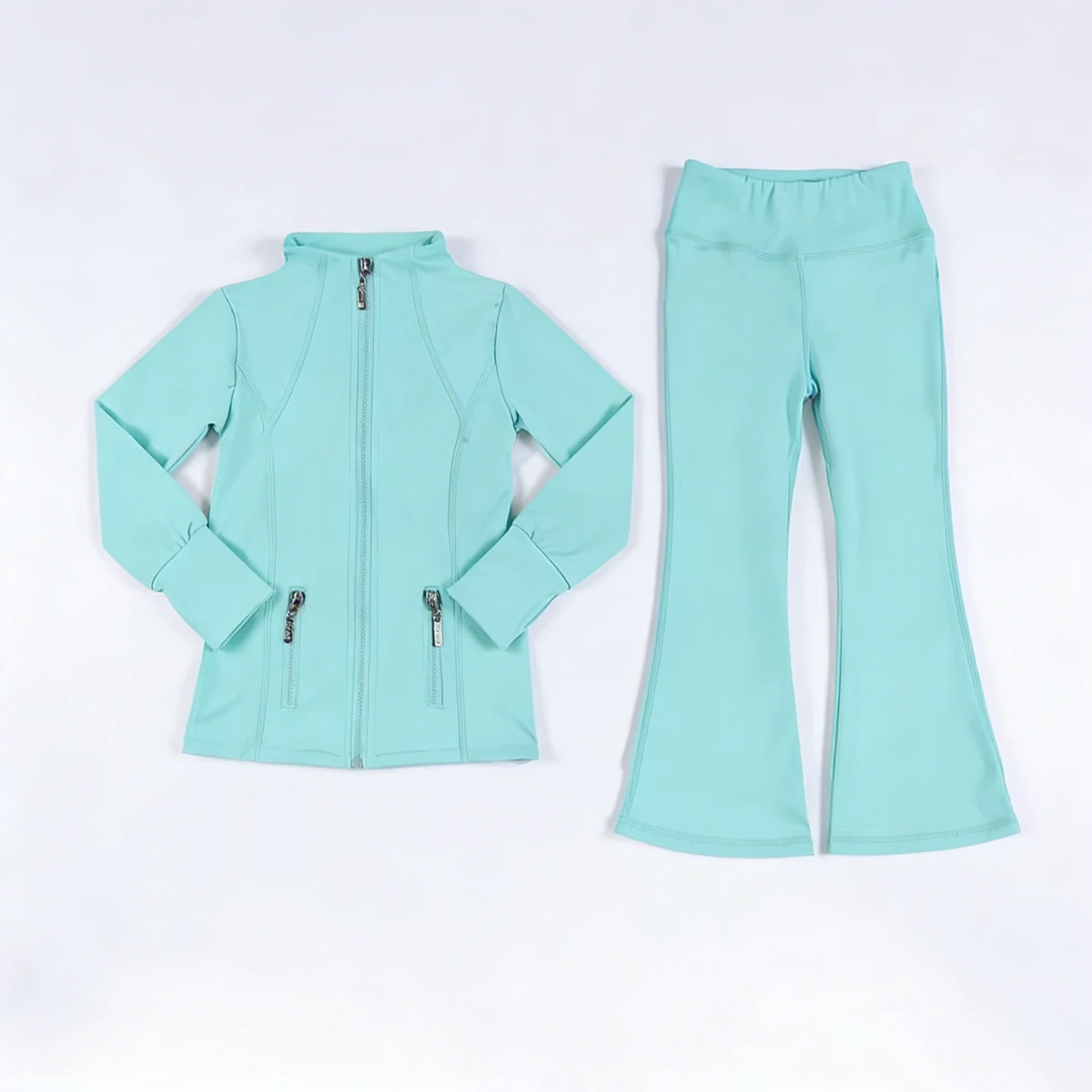 Wholesale Kids Fitness Set Girls Fitness Yoga Solid For Breathable Loose Flared Pants Zipper Long-sleeve Two-piece Sports Set