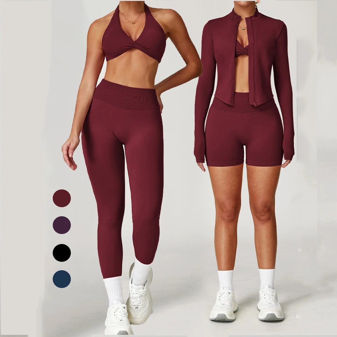 Women's 4-Piece Yoga Set Spandex/Polyester Solid Pattern Breathable Yoga Wear From Pakistan High Quality Bra Top Fleece Leggings