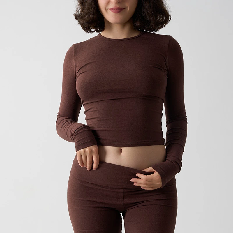 Sk1260 Women's Long Sleeve Lounge Crewneck Crop Top Slim Fitted Cotton T Shirt Workout Gym Yoga Running Shirts for Women