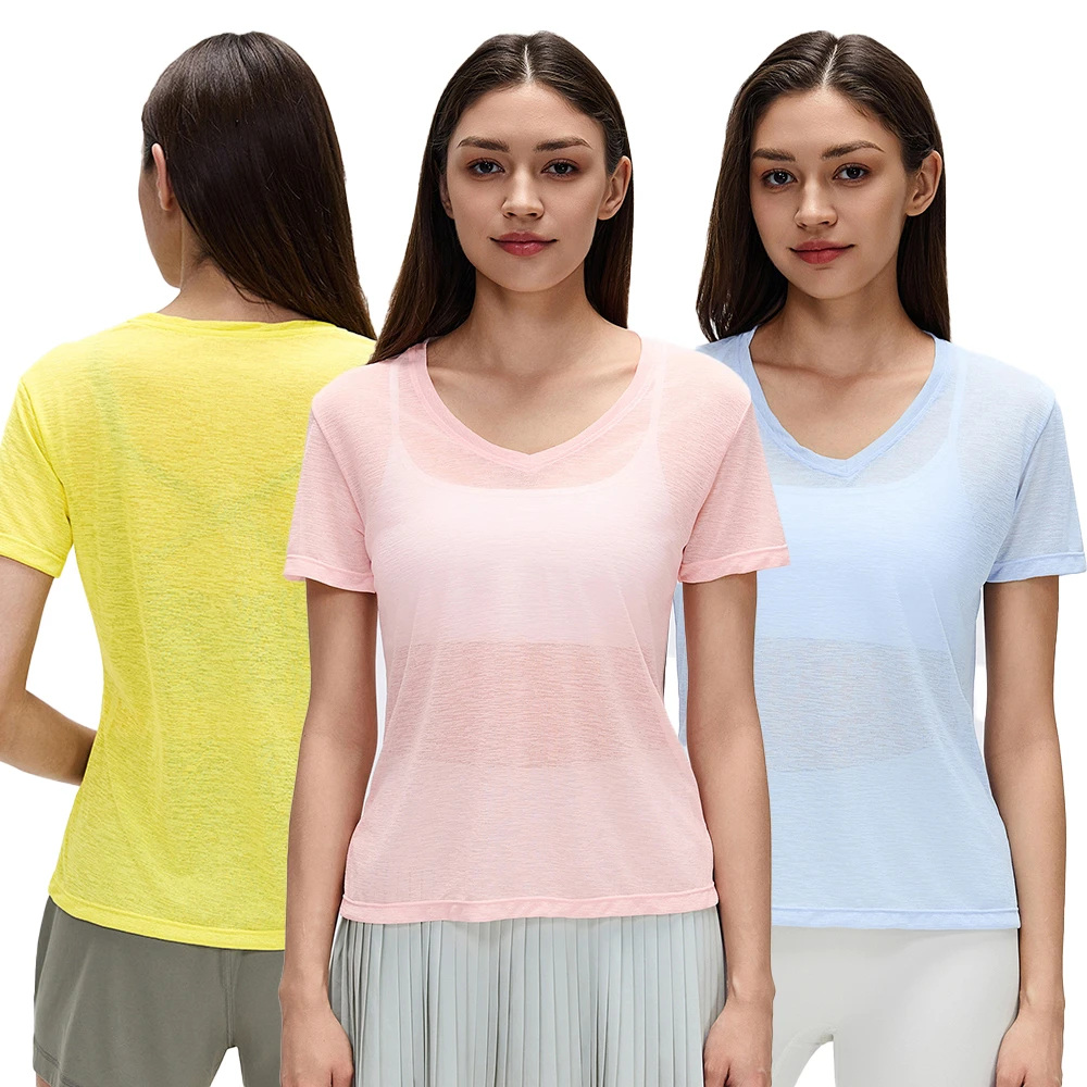 Summer Women's High Quality Loose Fit V-Neck Soft Breathable Yoga T-Shirt Gym Casual Wear Short Sleeve Top