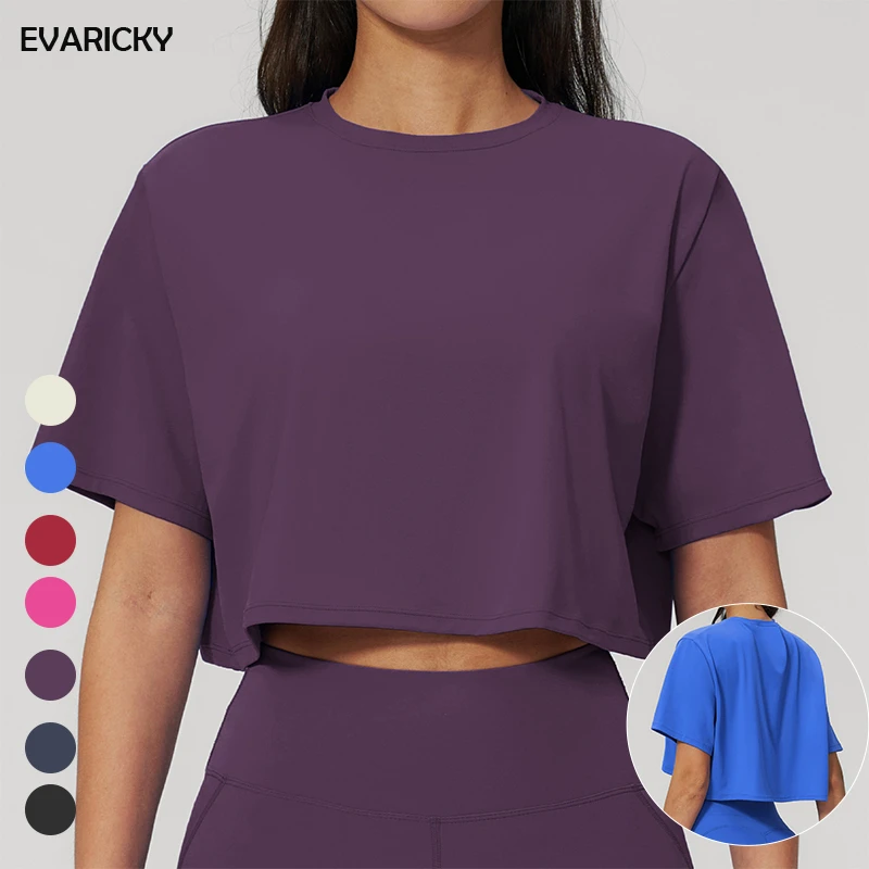 EVARICKY New Arrival Fashion Women's Short Sleeve Yoga Crop Top Loose Crew Neck Workout T-Shirt Fitness Tops for Running Sports