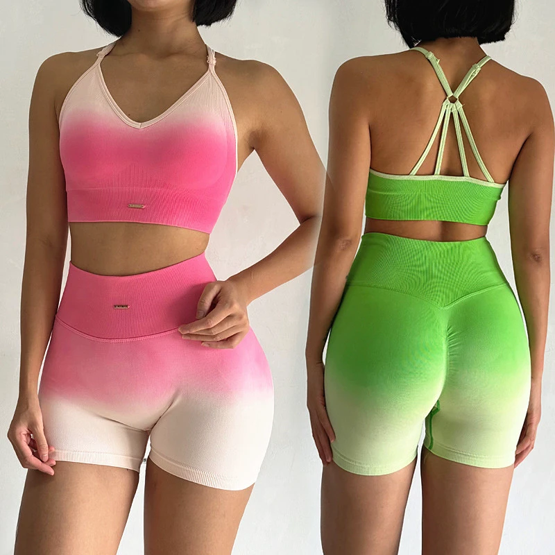 2024 Pad 2PCS Seamless Gradient Yoga Sets Sports Bra Fitness High Waist Scrunch Shorts Workout Gym Suits for Women Active Wear