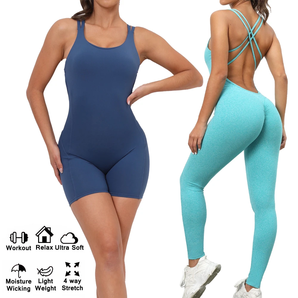 New Design Sexy Cross Back Gym Clothes Workout Jumpsuit for Women, Custom Logo One Piece Yoga RomperFitness Bodysuit Outfits