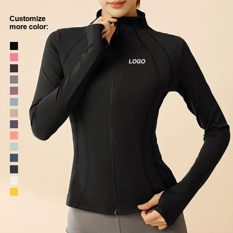 Custom Logo Women Training Zipper Quick-drying Spandex/Polyester Sports Jacket Full Sleeve Tight Fit Running Yoga Fitness Top