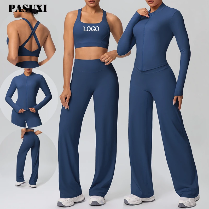 PASUXI 2026 Custom Fitness 3 Piece Women Gym Yoga Wear Set Workout Seamless Long Sleeve Sports Suit Yoga Set