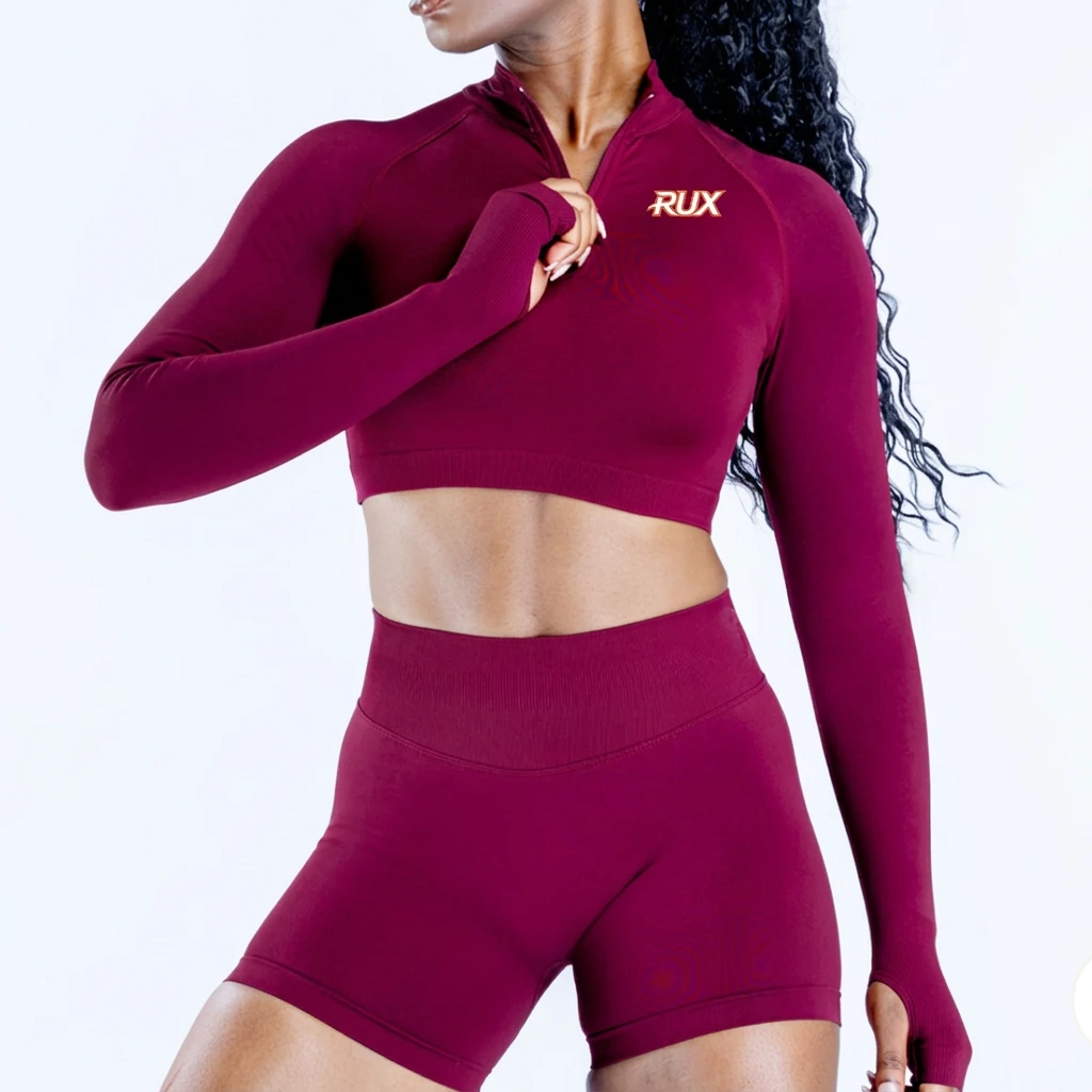 Oem/Odm Women's Zippy Crop Top Long Sleeves Custom Logo Seamless Yoga Workout Gym Winter Sports