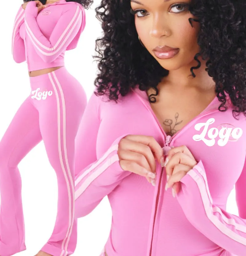 Manufacturer Custom Logo Yoga Women Sets Contrast Color Hoodie Jacket With Yoga Leggings Flare Pants 2 Pieces Tracksuit Set