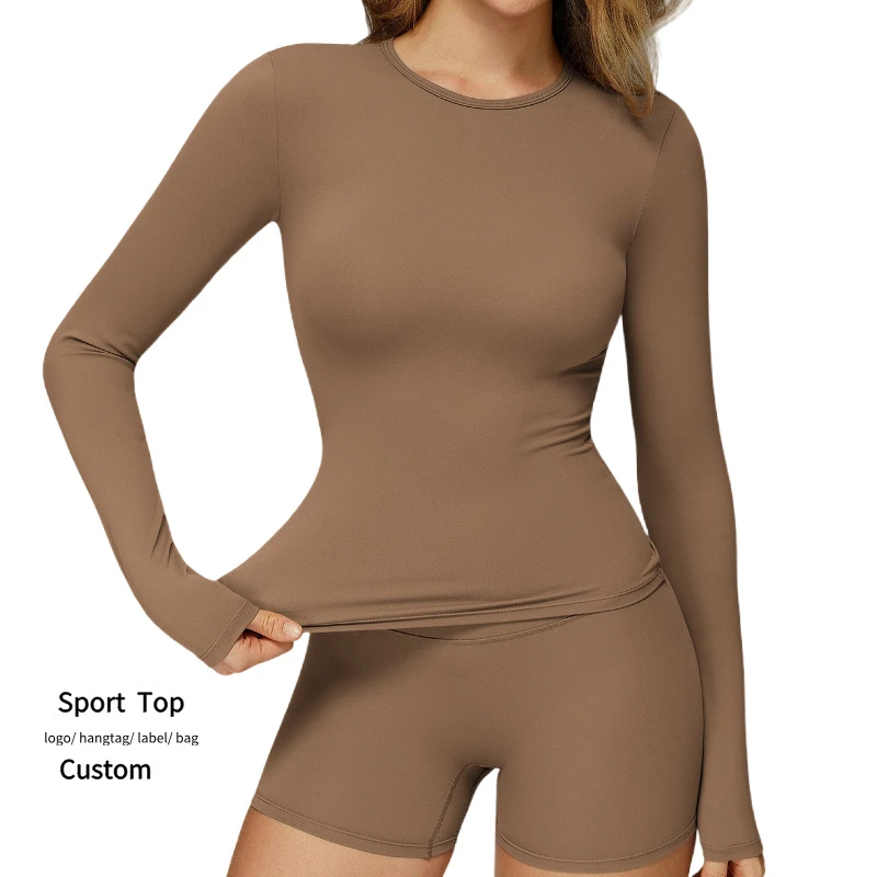 Low MOQ Women Sports Wear Compression Shirt Long Sleeve Crew Neck Skinny Yoga Top Soft Quick Dry High Quality Fitness Tee