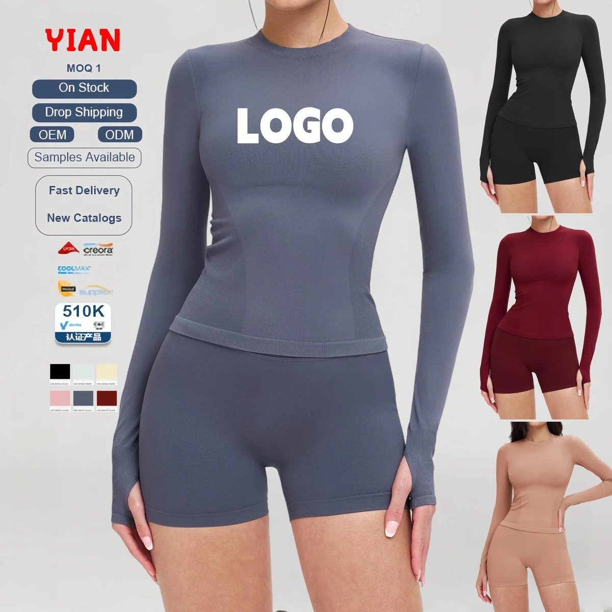 New Fashion Seamless Round Neck Long Sleeves Top Solid Color High Waist Push Hip Yoga Set Breathable Quick Dry Sports Clothing
