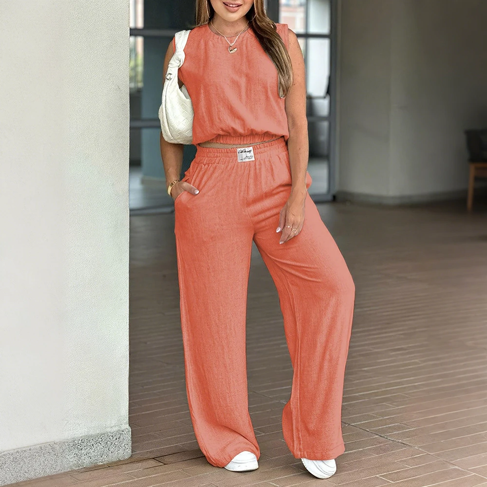 Women's Casual Eco-friendly Yoga Set Quick Dry Lightweight Sports Top High Waist Breathable Wide Leg Pant Side Pocket One Set