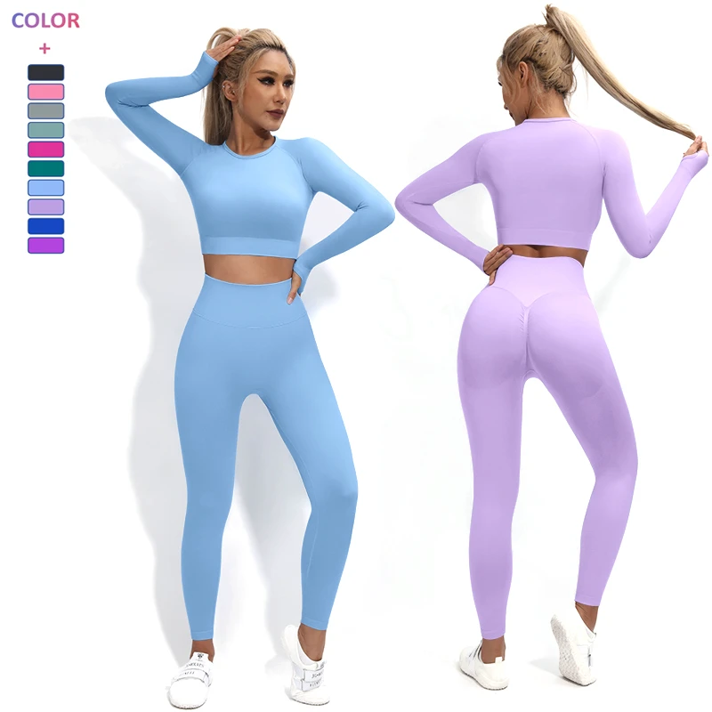 New 10 Colors High Waist Seamless Activewear Full Length 2 Piece Gym Set Workout Wear Suit Nylon Women Yoga Sportswear Set