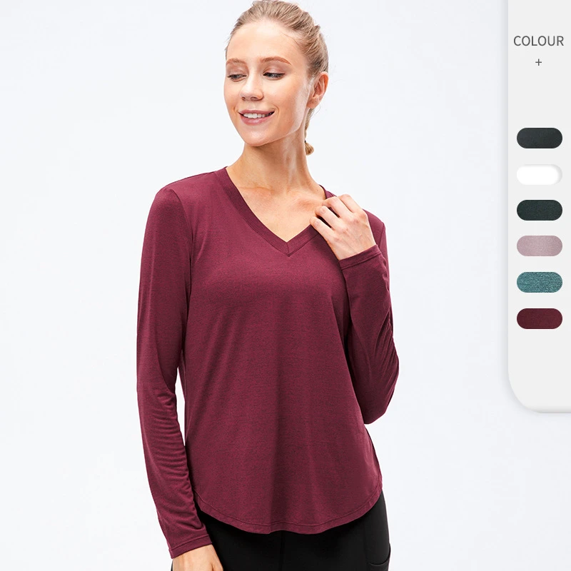 Yutuo OEM Custom Breathable Lightweight Long Sleeve Running Yoga Sport T-Shirt for Ladies Quick Dry V-Neck Logo Print Summer