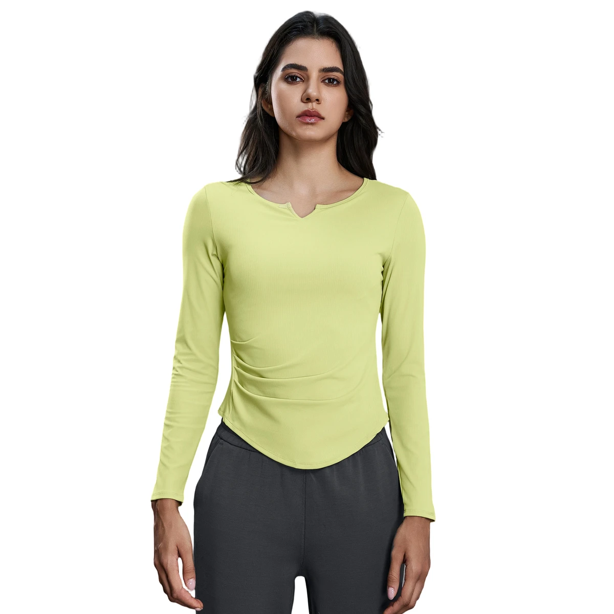 Autumn Sports Tops Women V Neck Elastic Slim Fit Lightweight Breathable Plus Size Chest Pads Yoga Fitness Long-Sleeved Front
