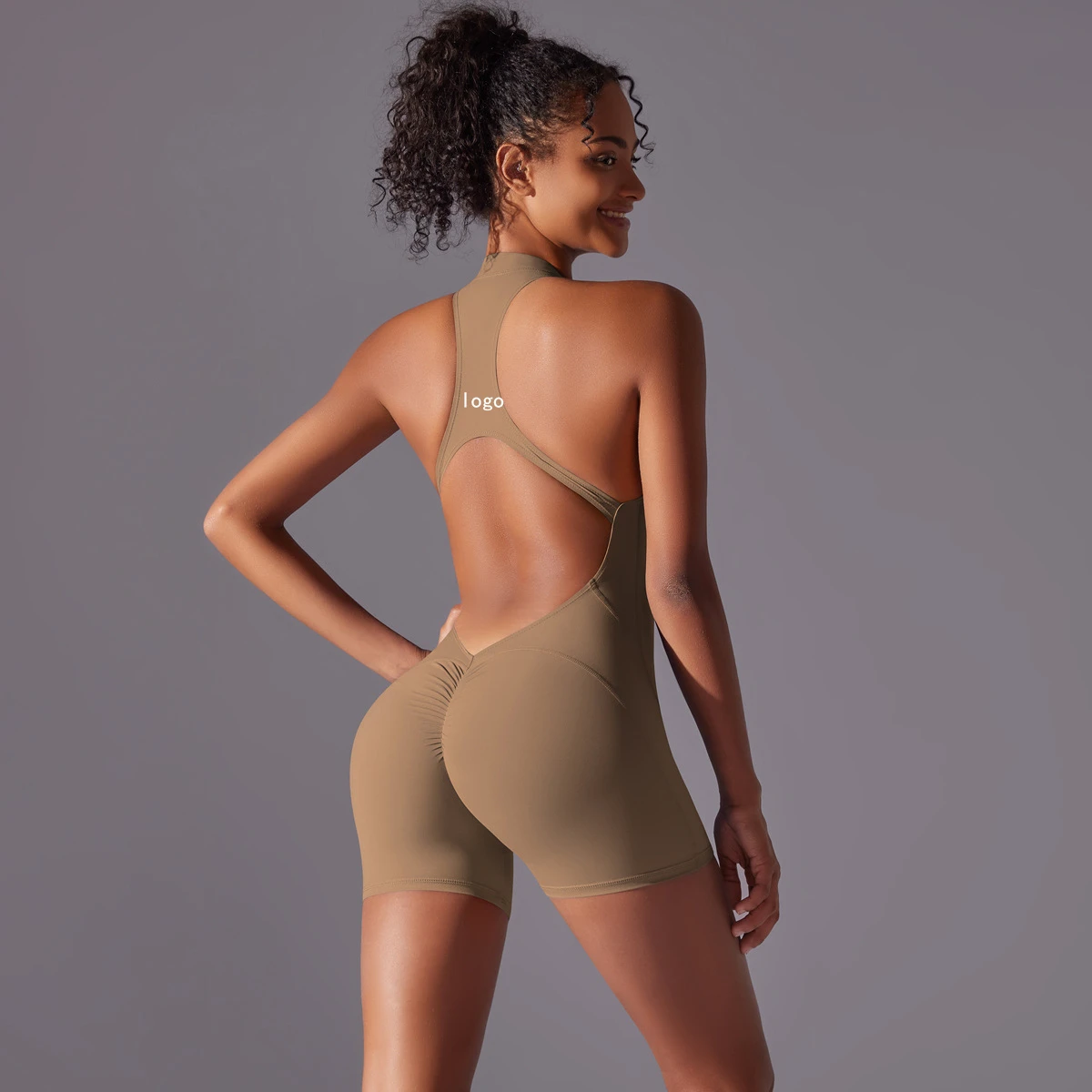 Nude Peach Hip Sexy Yoga Jumpsuit Quick-Drying Fitness Zipper Hip Fold Sports Bodysuit Custom Logo Wholesale