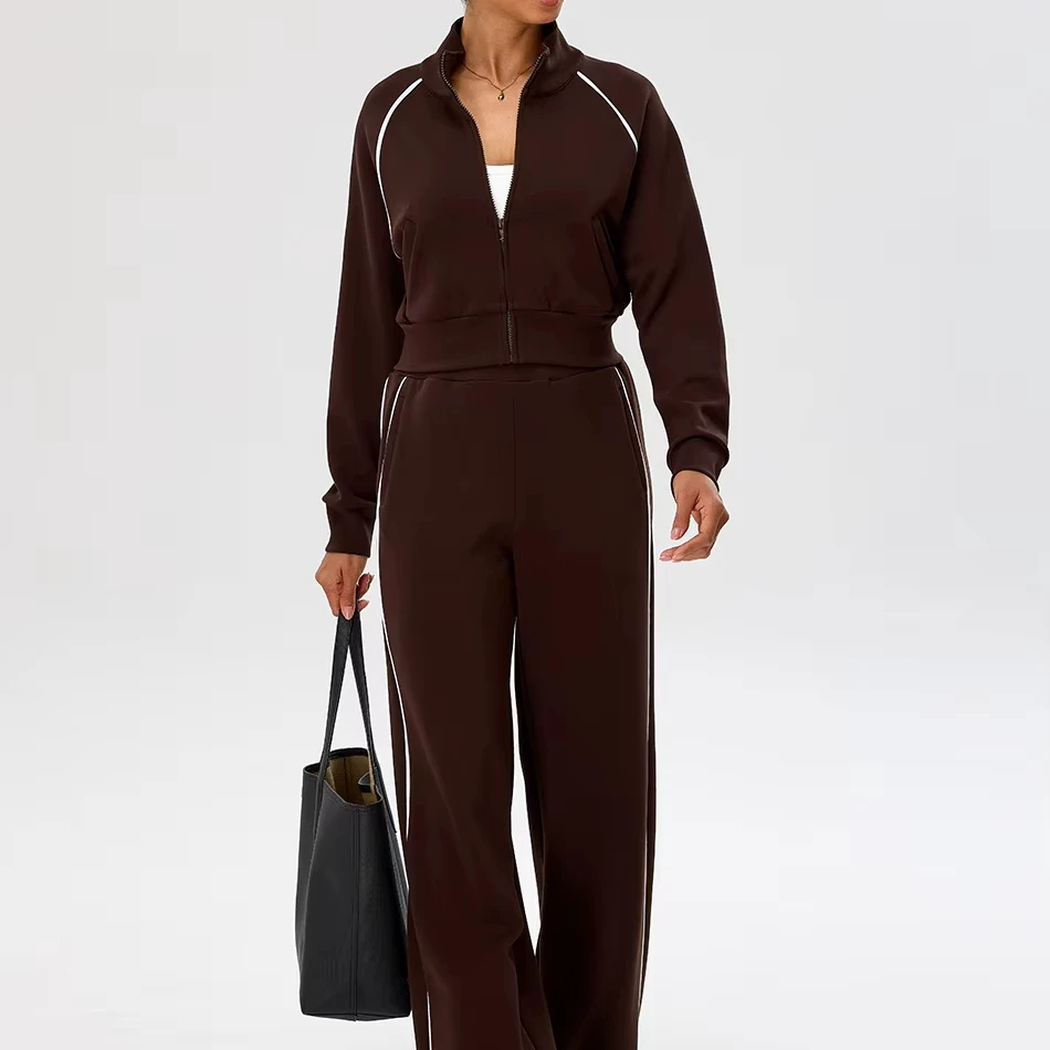Cross-border Color-contrast Yoga Fitness Suit Half Zipper Hoodie and Wide Leg Pants Women Set Gym