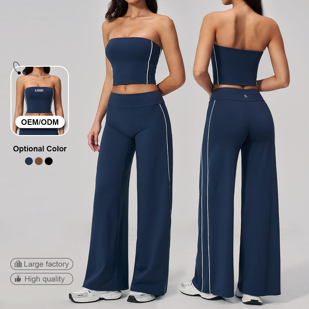 MIQI Custom High Waisted Wide Leg Yoga Pants Set Side Stripe Strapless Tube Crop Top 2 Piece Athletic Activewear Loungewear