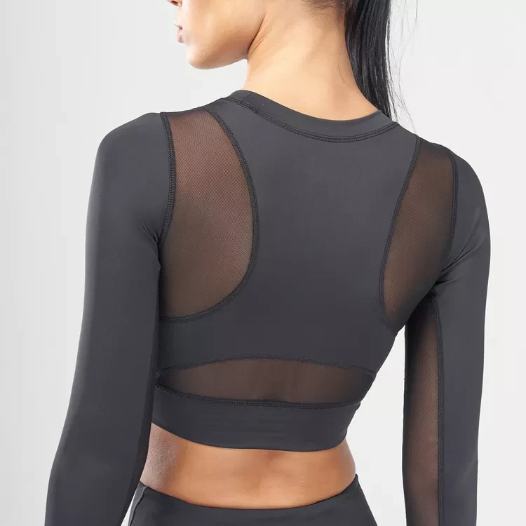Wholesale Price Mesh Women Regular Fit Long Sleeve Crew Neck Yoga Custom Logo Fitness Crop Top Breathable Recyclable Plus Size