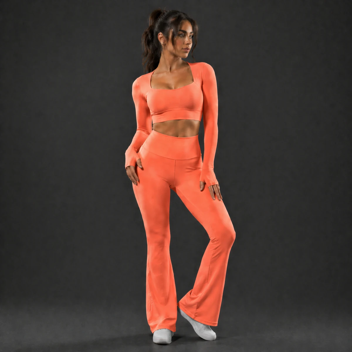 Fashionable Women Flare Yoga Set High Waist Leggings Long Sleeve Gym Top Breathable Eco-Friendly Four-Way Stretch Activewear