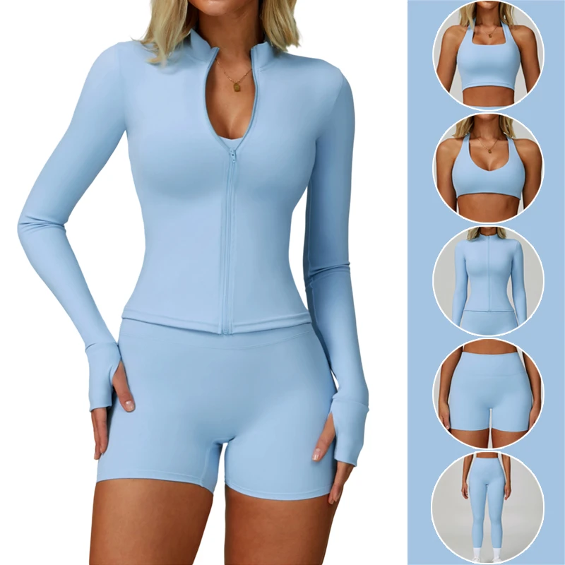 Ladies Slim Fit Sportswear Fitness Wear Set Long Sleeve Bra and High Waist Leggings Shorts with Butt Lift 5 Piece Yoga Gear