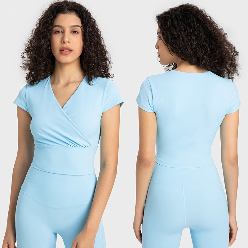 New Fashion Cross V Neck Short Sleeve Crop Top Built in Bra Sports Gym Outdoor Active Wear Sports Yoga T Shirt for Women