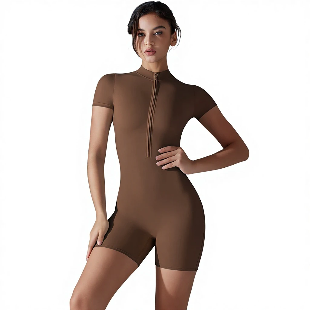 Customized New Summer Breathable Nylon Spandex Zipper Short-sleeved Skinny Solid Stand Collar Yoga Dance Fitness Sports