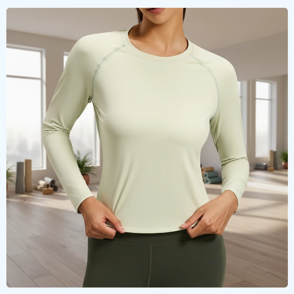Wholesale Women's Custom Quick Dry Yoga Crop Tops Loose Leisure Solid Color Long Sleeve Active Sports Sweatshirt Scoop Neck