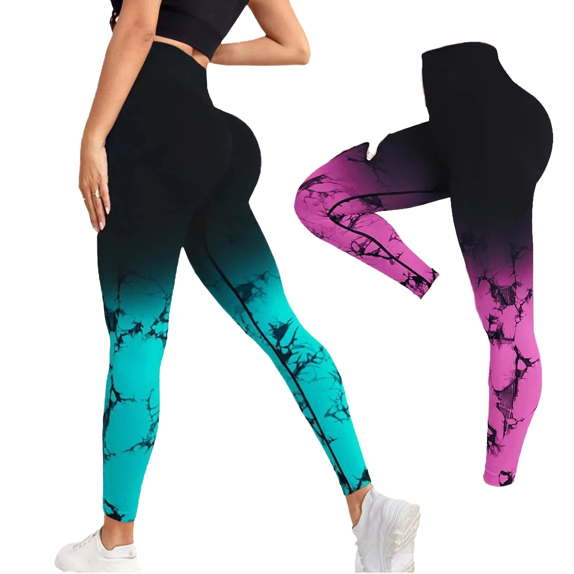 New Solid Sweat-wicking Spandex/Nylon Ribbed Print Push-up Ankle-Length Yoga Leggings Pocket Stylish High Elastic Waist Sport