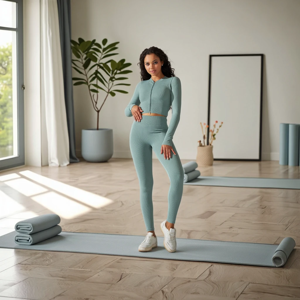 Lanyu Women's Plus Size Workout Outfits 2-Piece Seamless High Waist Yoga Leggings Long Sleeve Top Customizable Lightweight