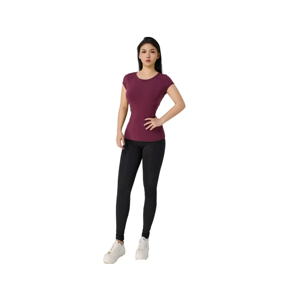 Women's Purple Short-sleeved Round-neck Yoga Tops Flexible Quick-Dry Sweat-Resistant Shirts for Pilates Fitness Women Gym