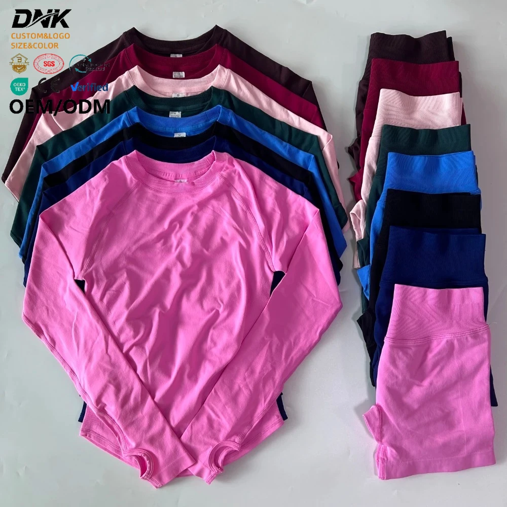 2 Pieces Set Women Longline Long Sleeve Gym Crop Top High Waist Workout Shorts Sports Suit Fitness Clothes Seamless Yoga Set