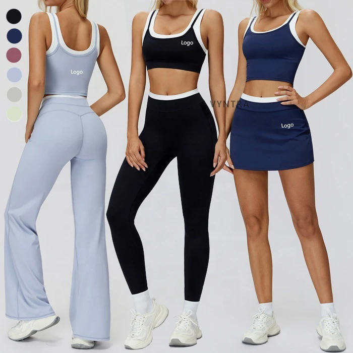 Women Color Block Workout 6pcs Fitness Activewear Yoga Gym Clothes Bra Crop Tank Top Tennis Skirt Flare Pants Leggings Sport Set