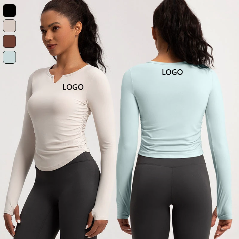 XW-CX74 V Neck Gym Long Sleeve Wholesale Sportswear Pleated Side Fitness Corset Yoga Tennis Workout Crop Tops for Women