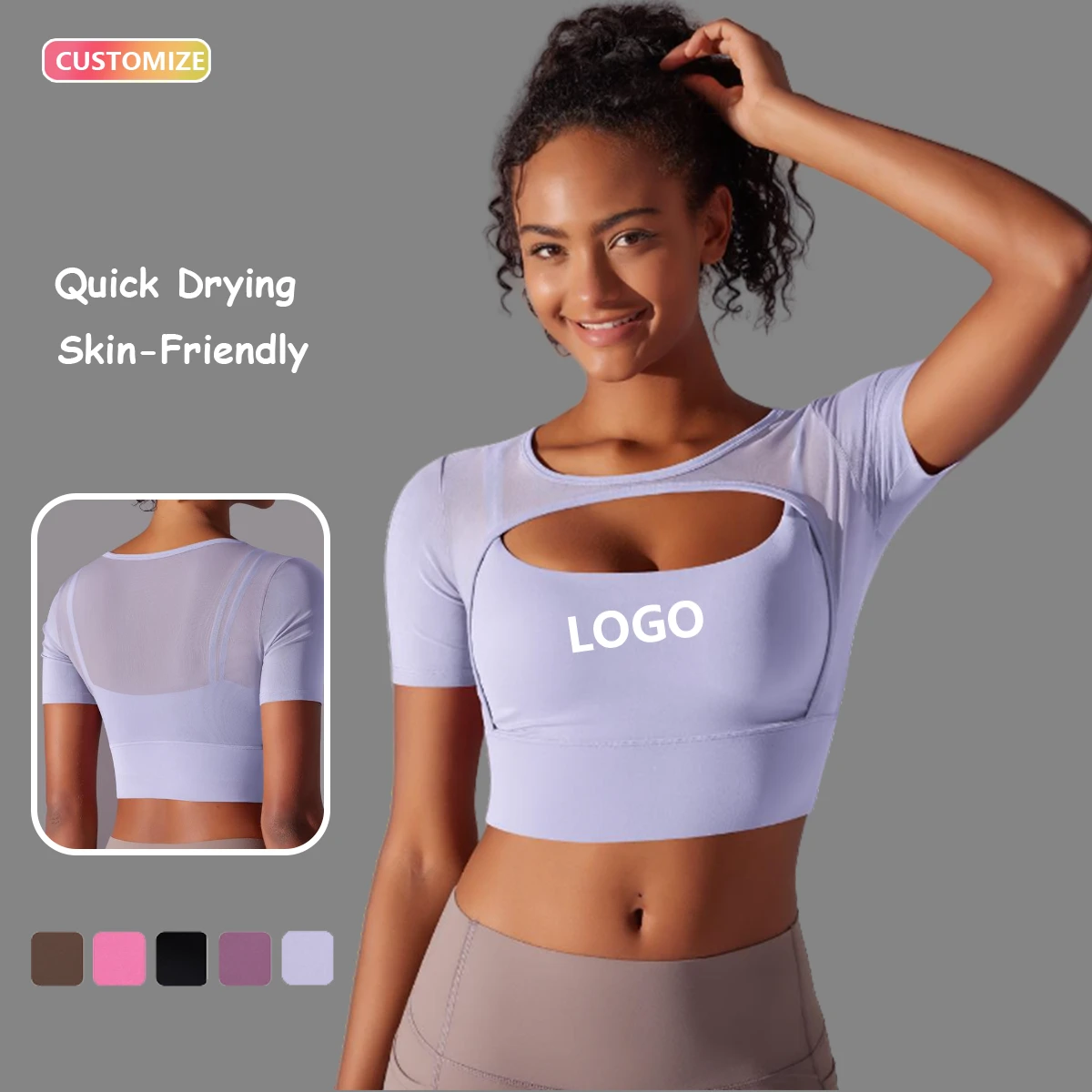 Sexy Mesh Spandex/Nylon Skinny Fit Short Sleeves Yoga Bra Quick Dry Running Fitness Activewear Solid Color Breathable Top