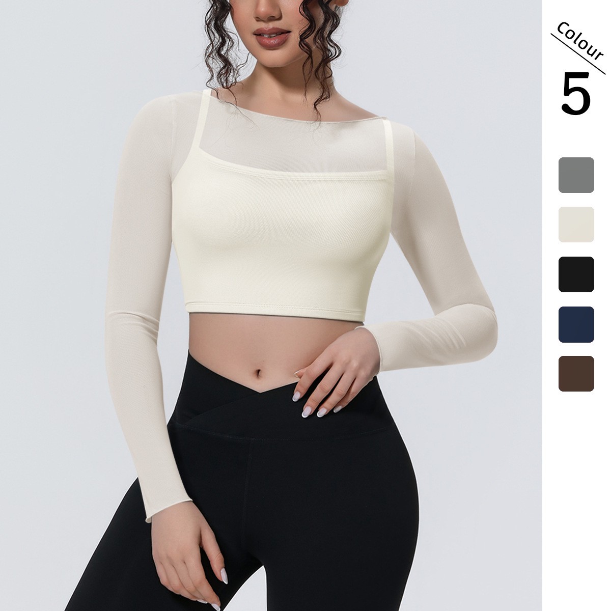 Women's Mesh Yoga Crop Top Long Sleeve Built-in Bra Workout Top Breathable Athletic Shirt for Gym Pilates Running