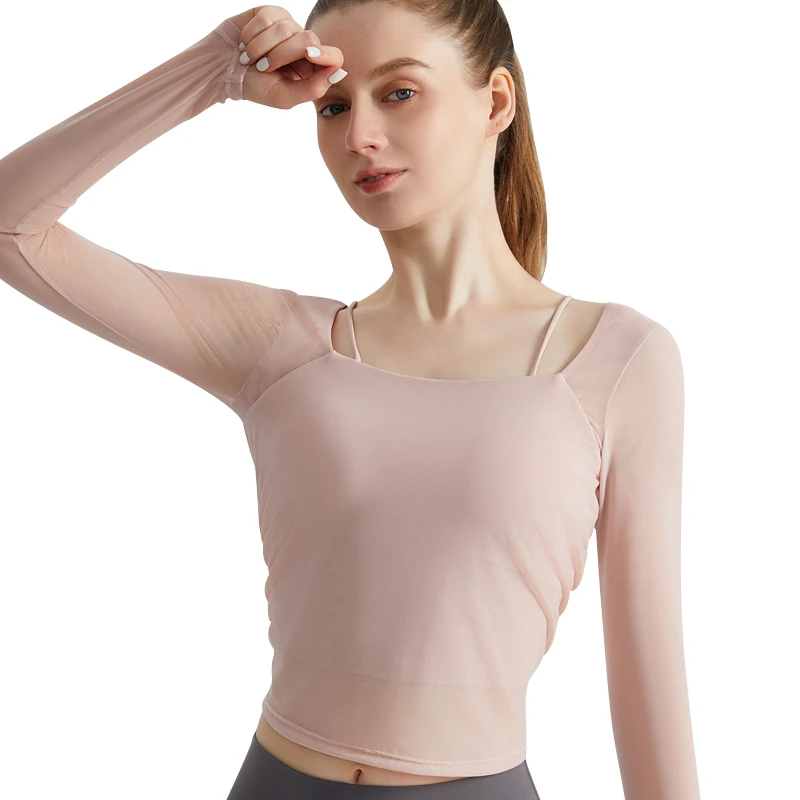FH Breathable Long Sleeved Sports Yoga Suit Top with Chest Cushion Mesh for External Wear Slim Fit Body Shaping Fitness Suit
