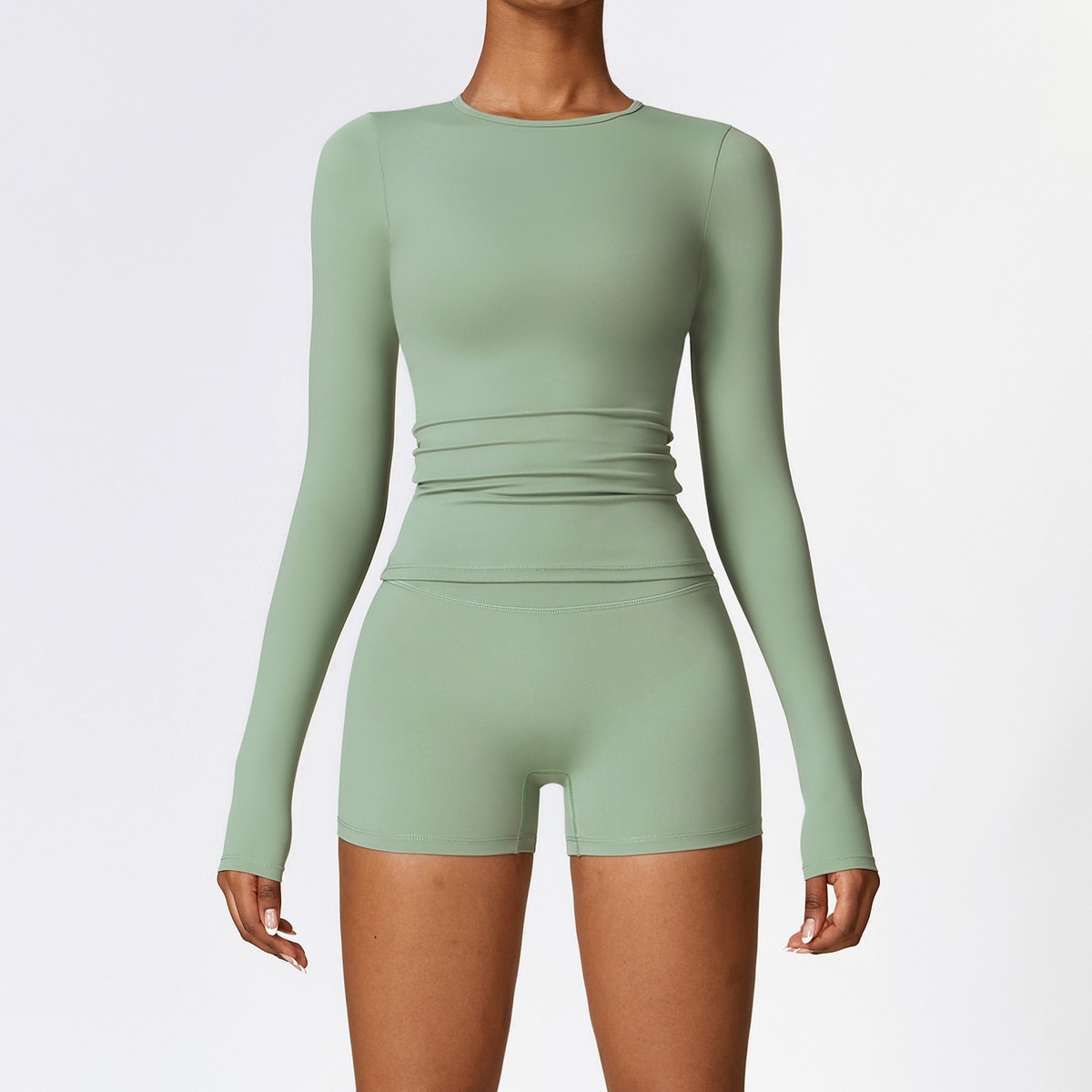 Round Neck Slim Fit T Shirt Sweatshirt Yoga Tracksuit No Chest Pad Long Sleeve Workout Top Sport T-Shirt for Women
