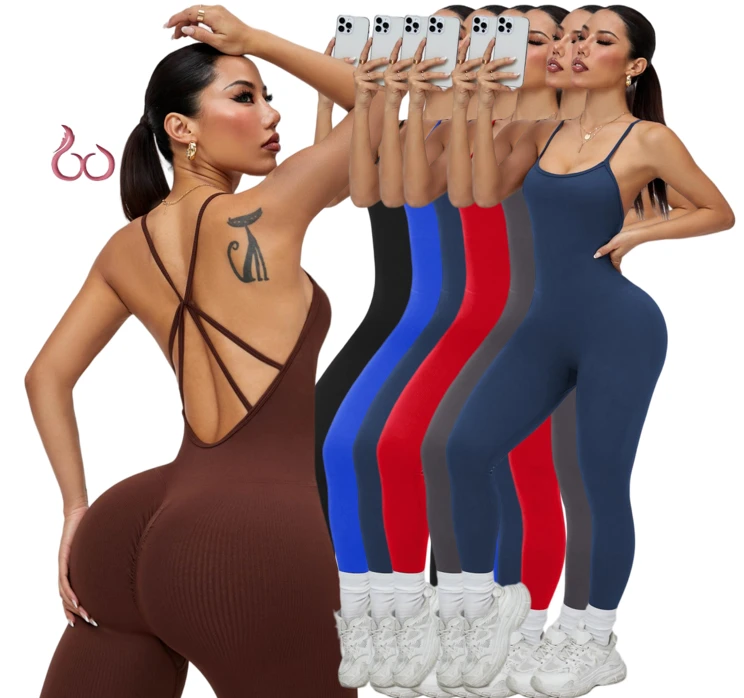 Women's Seamless Yoga Jumpsuit Sports Fitness Hip-Lifting Cross Shoulder Strap Beauty Back One-Piece Gym Workout Tracksuit