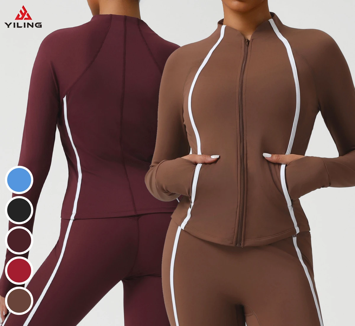 YILING Wholesale Custom Stand Collar Slim Fit Yoga Jacket For Women Colorblock Lightweight Long Sleeve Zip Up Activewear Top