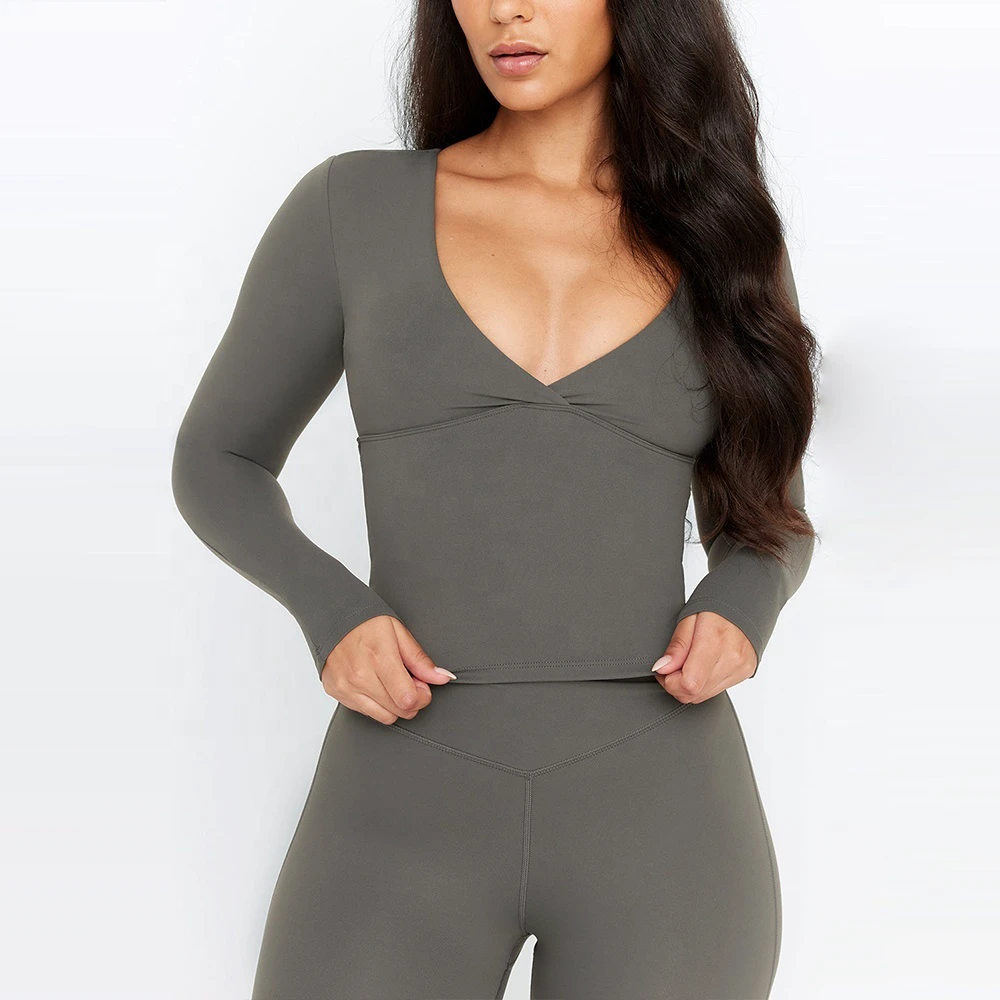Hot Sales Double Layer Built in Support Removable Pads V Neck Long Sleeve 4-Way Stretch Fitness Gym Yoga Crop Tops for Women