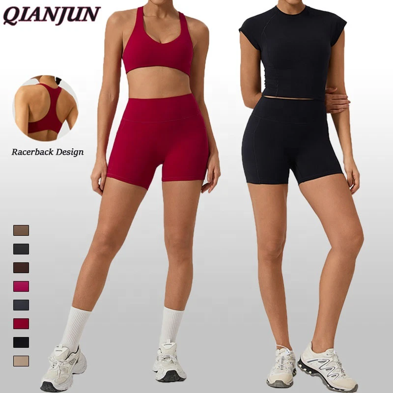 Customize Women's Quick Drying Yoga Three Piece Set Outdoor Sportswear High Elastic Shorts Gym Fitness Set