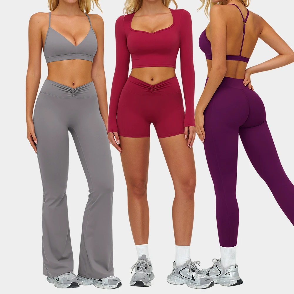 Custom Logo 6 Pieces Sets Fitness Workout Thumb Hole Long Sleeve Sports Gym Wear Women Yoga Sets Breathable Flared Leggings