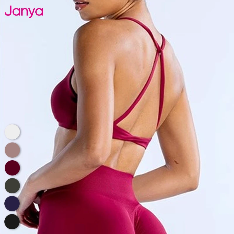 Janya Hot Sales Women Gym Home Training Wear Halter Yoga Bras Breathable Sport Top Twist Cross Back Removable Pads Sports Bra